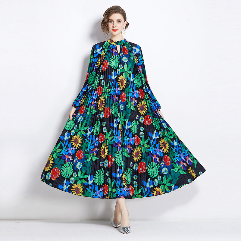 Printed Lantern Sleeve Pleated Tassel Belt Dress