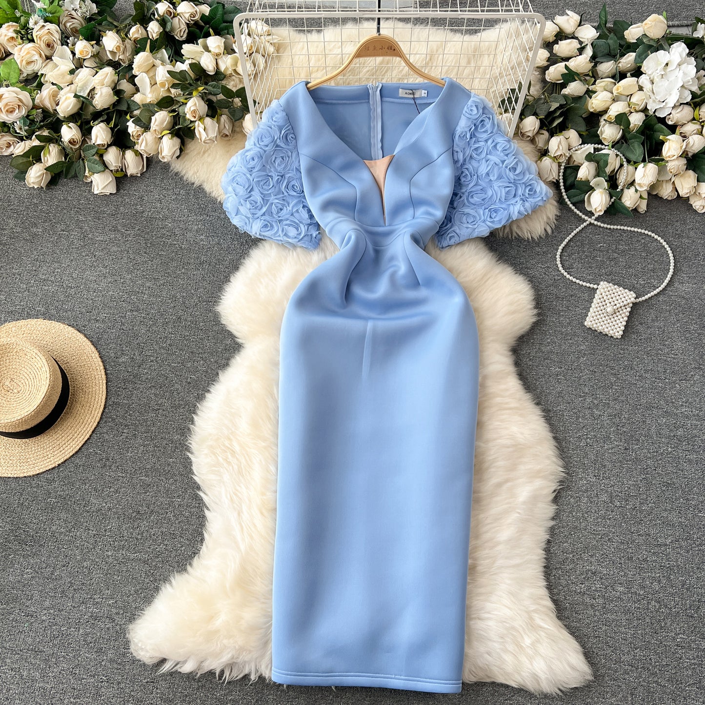 French Style Puff Sleeve Waist-tight Banquet Party Dress