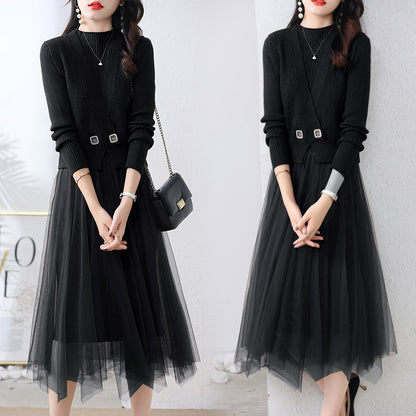 Women's Long Sleeve Knitted Cinched Patchwork Mesh Skirt