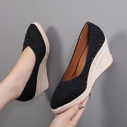 Women's Fashion Pointed-toe Low-cut High Heel Straw Woven Hemp Rope Bottom Shoes