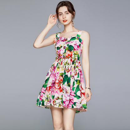 Printed Button Waist-tight Slimming Vacation Sling Dress