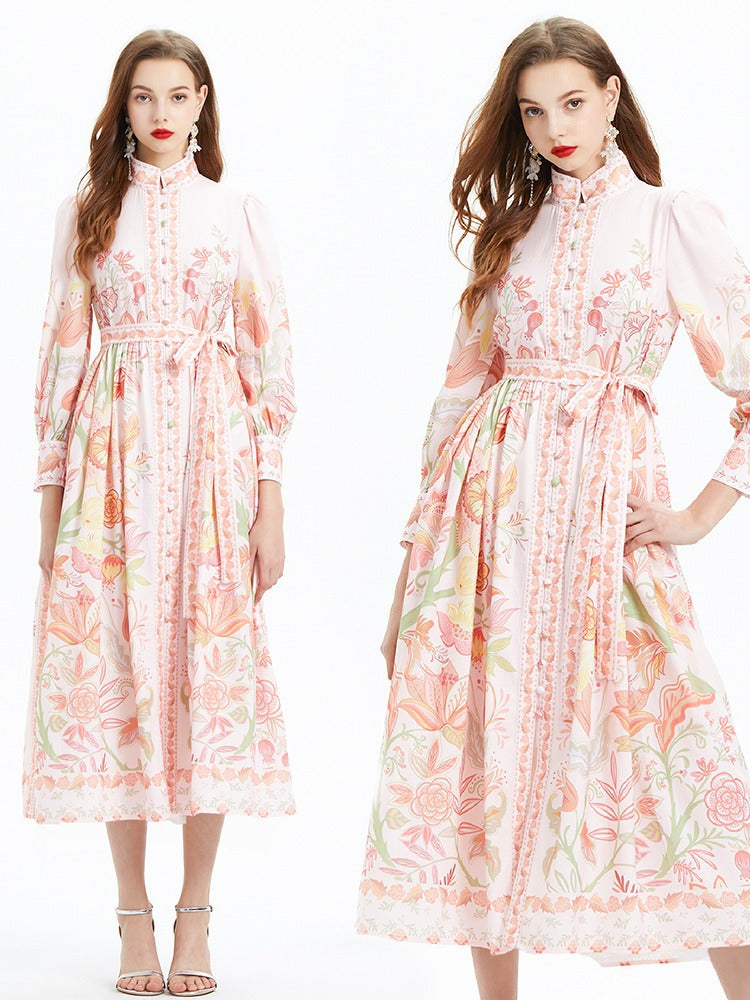 Lantern Sleeve Printed Long Sleeve Waist Trimming Ruffles Dress