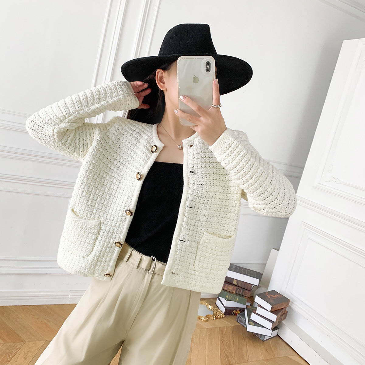 Classic Style Coat Elegant Single-breasted Cotton Sweater Women's Pineapple Pin Top