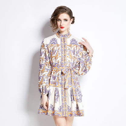 Printed Long Sleeve Retro Short Dress