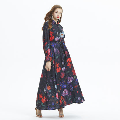 Retro Lantern Sleeve Printing Stand-up Collar Cinched Ruffled Long Dress