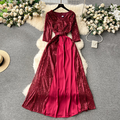 Elegant V-neck Slim-fit Long Sequined Dress