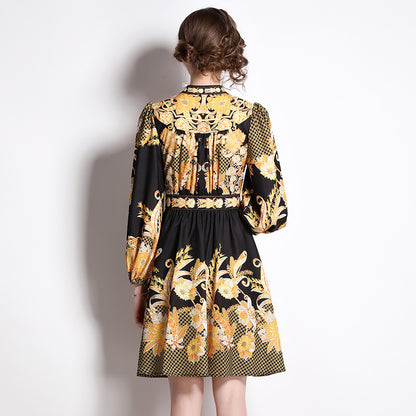 Vintage Printed Lantern Sleeve V-neck Tight Waist Dress