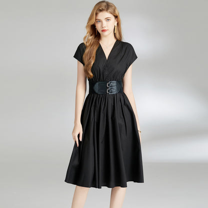 V-neck Cinched Waist Slim-fit Black Dress