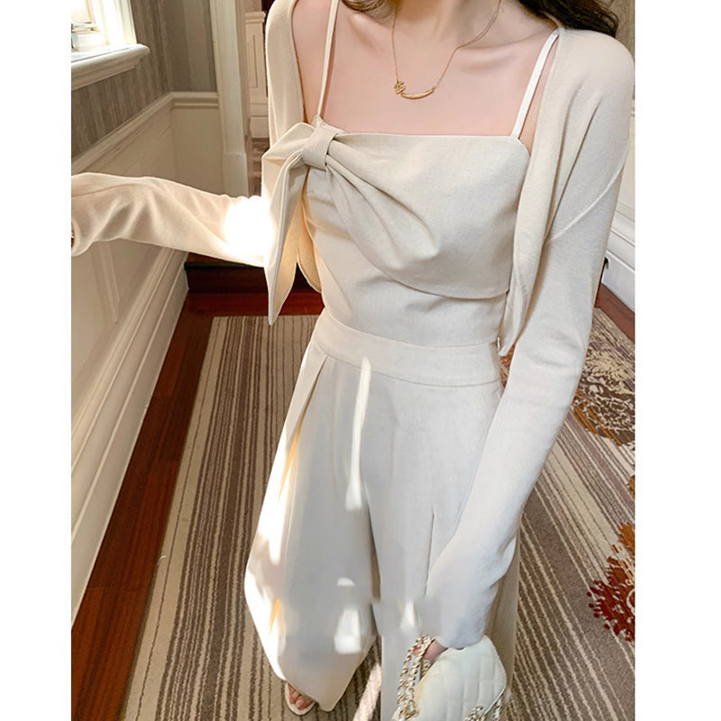 Women's Bow Suspenders Top Wide Leg Pants Suit