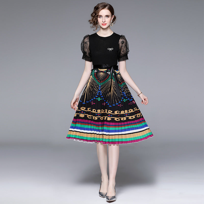 Slimming False Two-piece Mesh Stitching Printing Dress