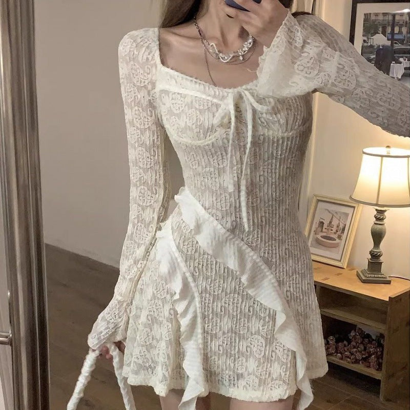 Maillard Design Long Sleeve Lace Stitching Drawstring Dress