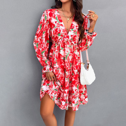 Women's Clothing Temperament Printed V-neck Long-sleeve Dress