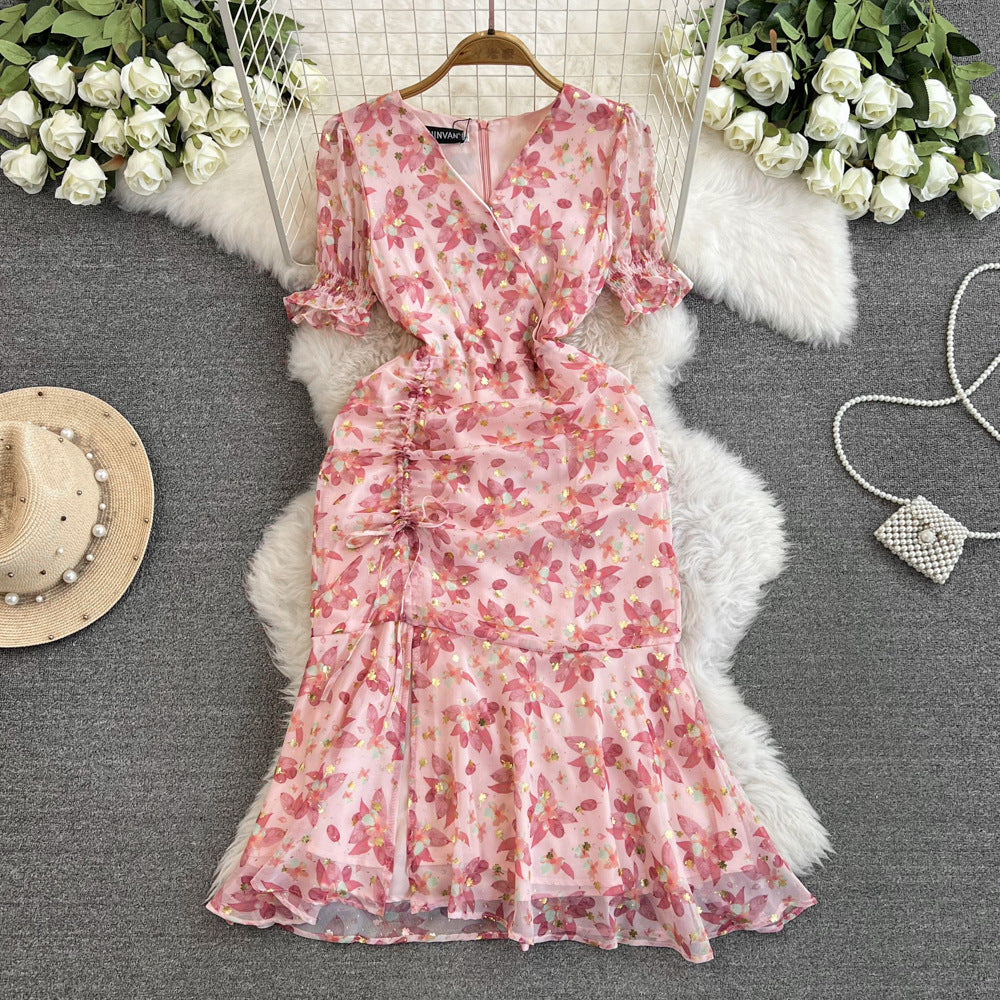 Small Floral Chiffon Dress Slim Fishtail Dress