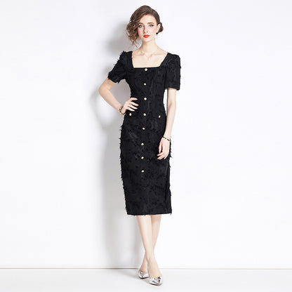 Vestido negro con borlas vintage estilo francés Hepburn