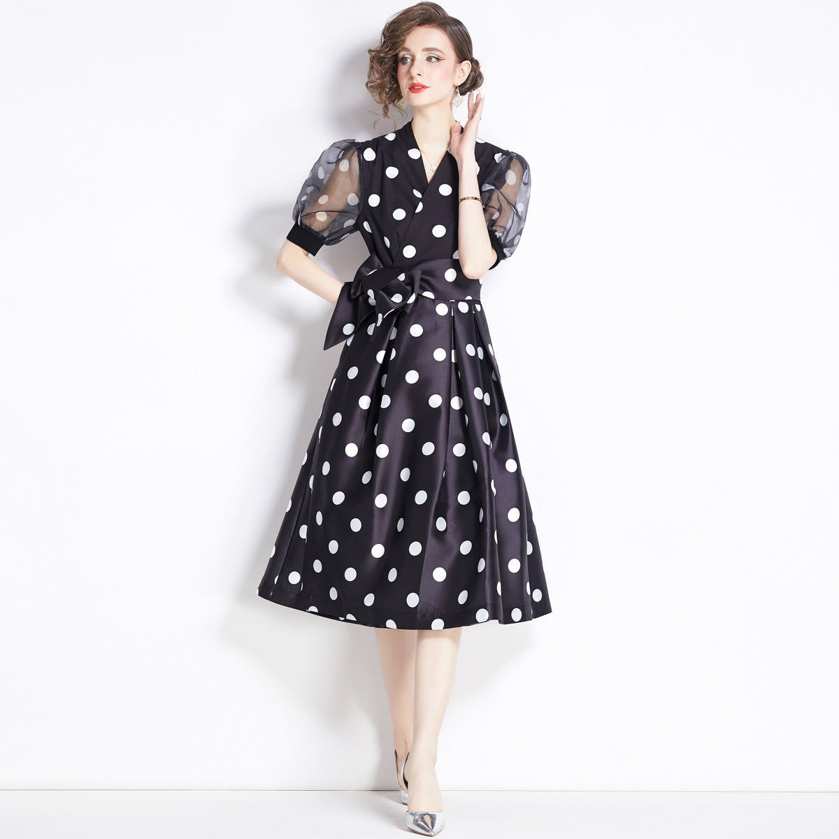 French Fitted Waist Polka Dots Dress 1-sense Long Skirt