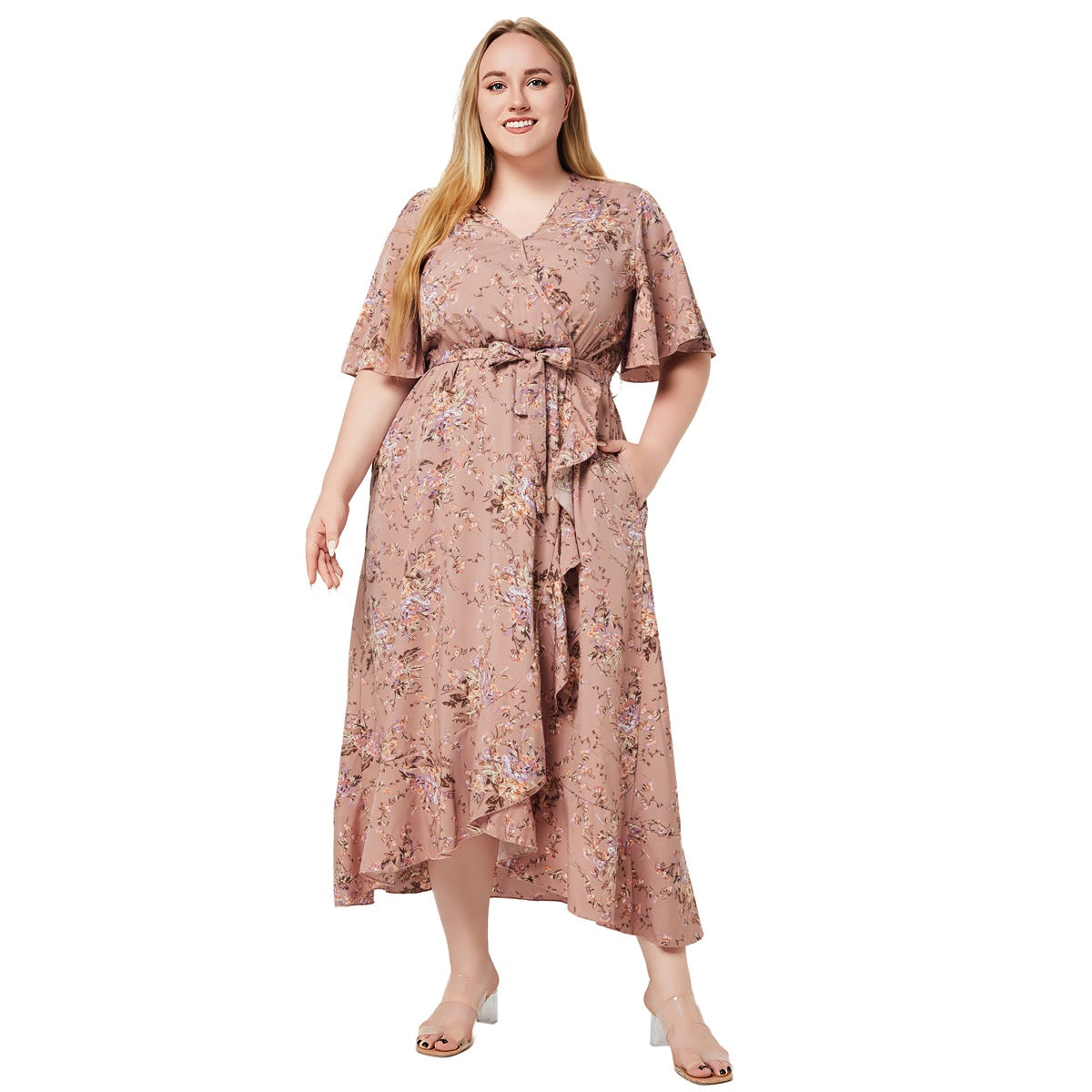 Robe à poches imprimées à volants pour femmes