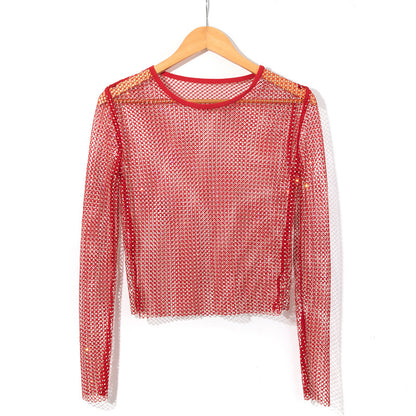 Women's Fashion Simple Solid Color Mesh Rhinestone Long Sleeve Top