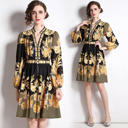 Vintage Printed Lantern Sleeve V-neck Tight Waist Dress