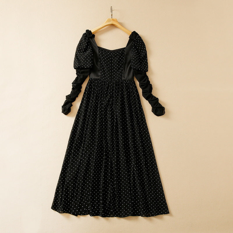 Bow Polka Dot Pleated Long Sleeve Dress