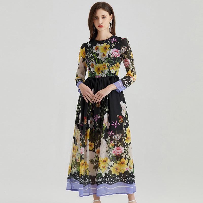 Artificial Silk Elegant Romantic Printed Round Neck Big Hem A- Line Skirt