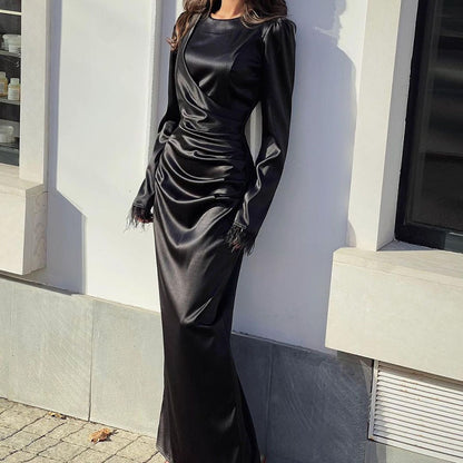 Satin Slim Fit Temperament Waist-controlled Long Sleeve Feather Long Dress Women