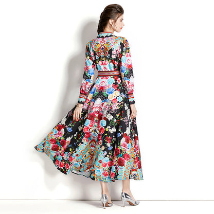 Retro Lantern Sleeve Wide Swing Printing Dress