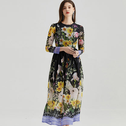 Artificial Silk Elegant Romantic Printed Round Neck Big Hem A- Line Skirt