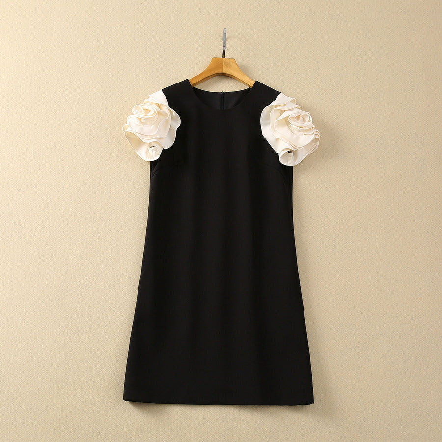 Three-dimensional Plate Flower Short Sleeve Loose Waist Dress