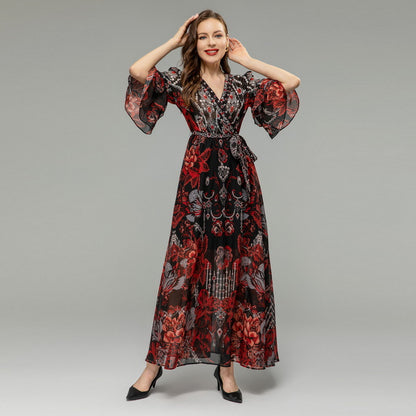 V-neck Flared Sleeves Lacing Chiffon Printing Dress