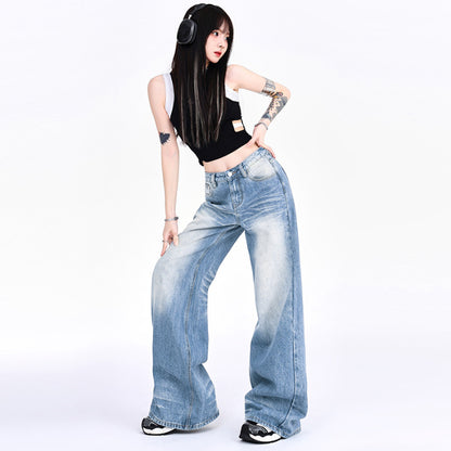 Mopping Loose Worn Looking Washed-out Denim Straight Wide-leg Pants