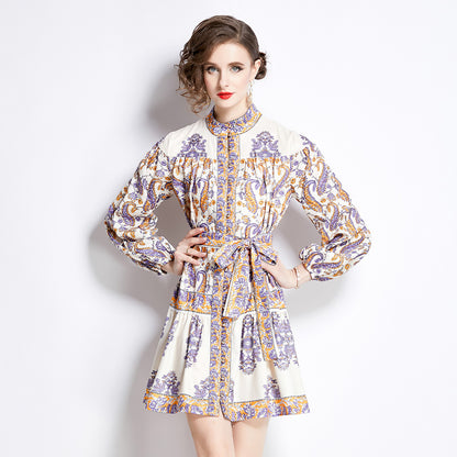 Printed Long Sleeve Retro Short Dress