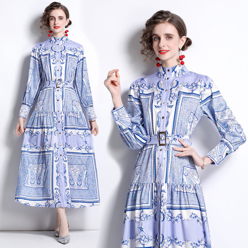 Vintage Totem Printing Temperament Long Sleeve Large Swing Dress