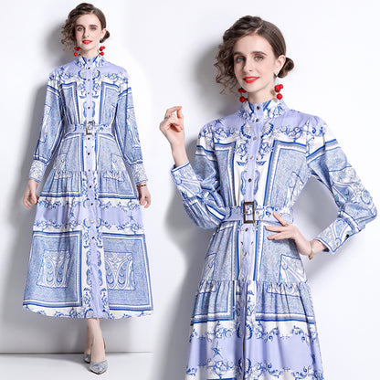 Vestido con vuelo grande y manga larga con temperamento y estampado de tótem vintage