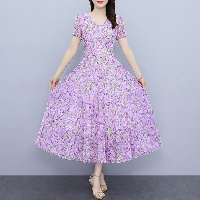 Spring And Autumn Chiffon Floral Dress