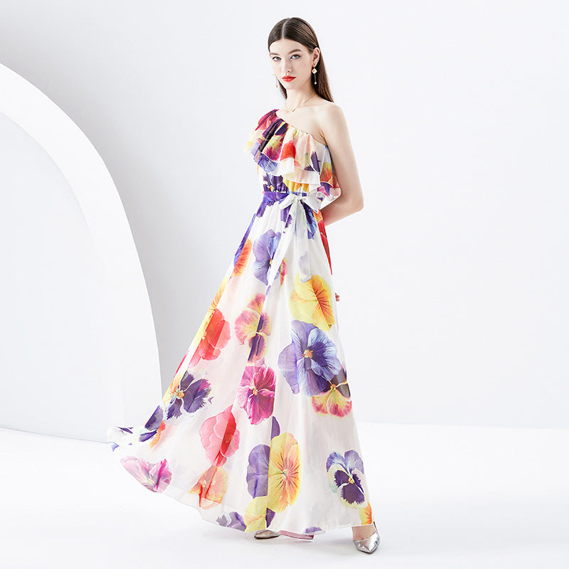 Irregular Shoulder Chiffon Floral Dress