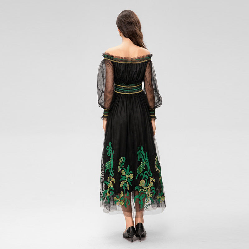 Oversized Skirt Off-shoulder Off-shoulder Collar Machine Embroidery Long Sleeve Elastic Waist Dress