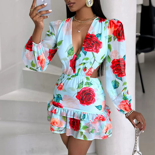 Fashion V-neck Fashion Women Hollow Out Printed Dress