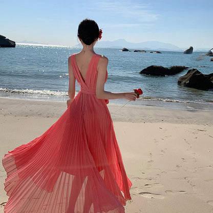 Pleated Atmosphere Big Swing Chiffon Long Dress