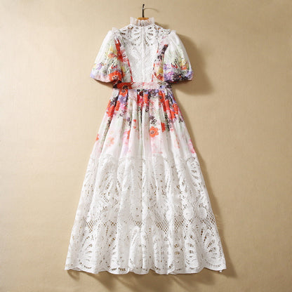 Round Neck Stitching Pleated Lantern Short Sleeve Dress