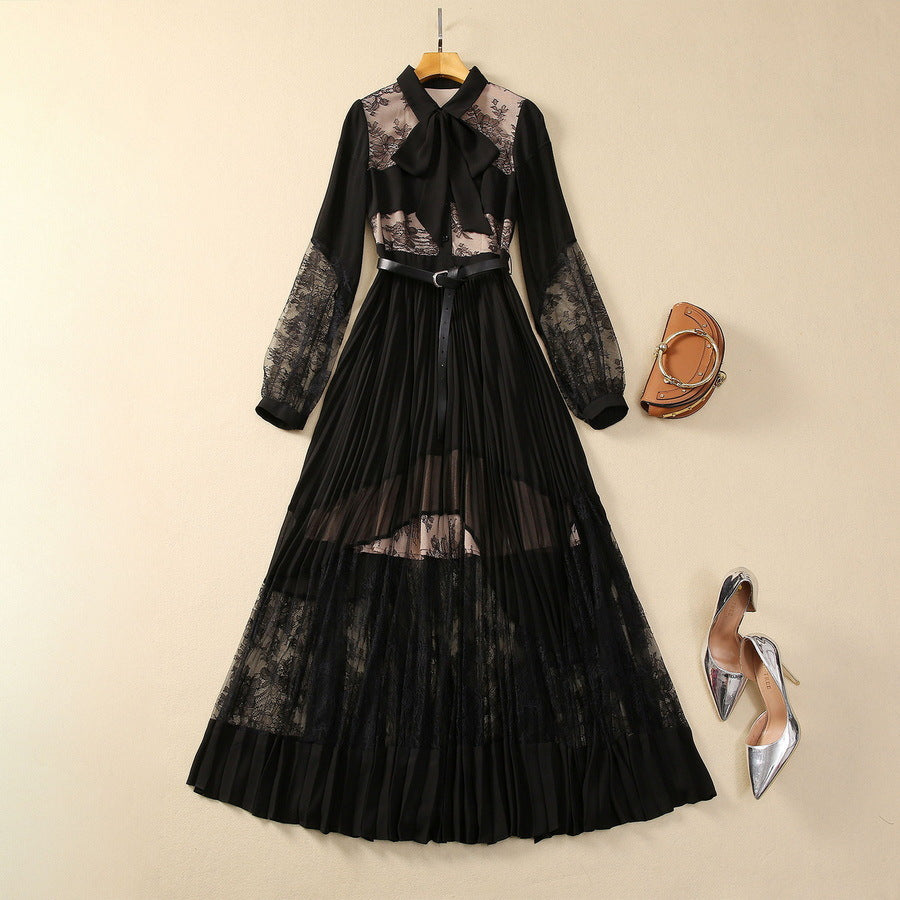 Lapel Long Sleeve Chiffon Stitching Black Slimming Dress