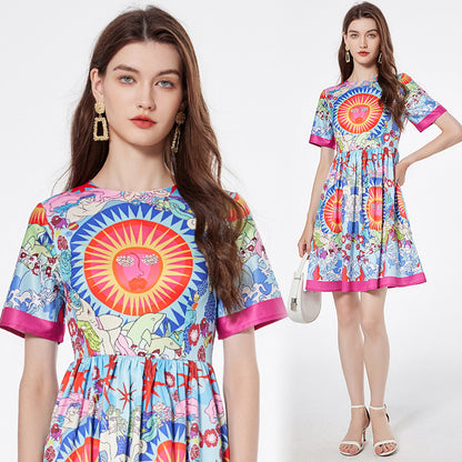 Positioning Printing Round Neck Swing Dress