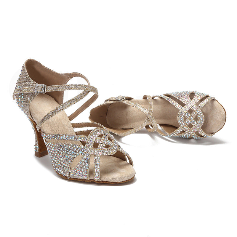 Sandalias elegantes de suela blanda con tacón alto y diamantes para mujer