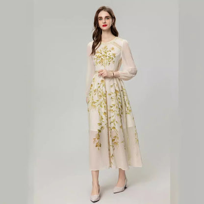 Printed Flower Heavy Industry Beads Long Sleeve Elegant Chiffon Dress