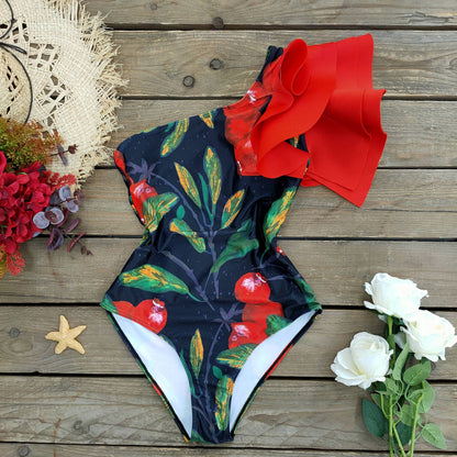 Red Printed Diagonal One-piece Swimsuit For Women