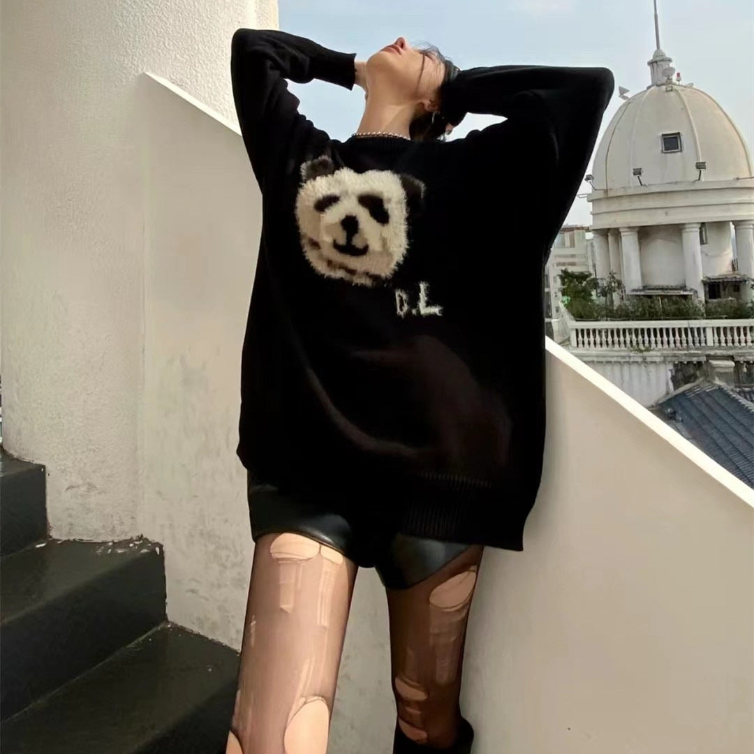 Pull Panda tridimensionnel ample à col rond pour femme