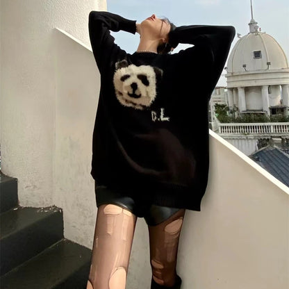 Suéter de panda tridimensional suelto con cuello redondo para mujer