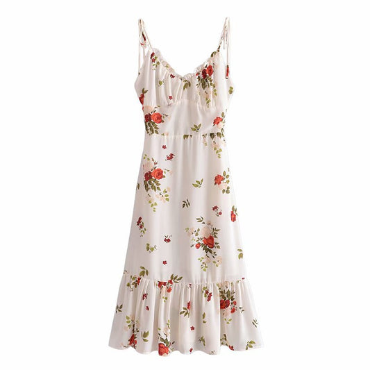 French Retro Printed V-neck Waist Trimming Spaghetti Straps Dress