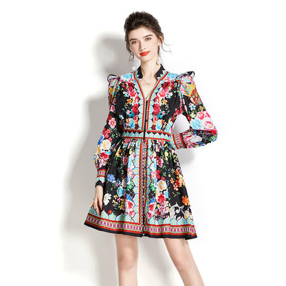 Lantern Sleeve Printed Short Dress