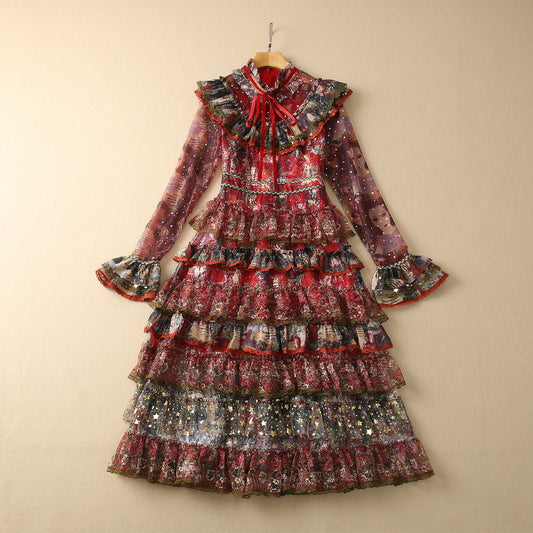 Bow Collar Princess Long Sleeve Printed Dress