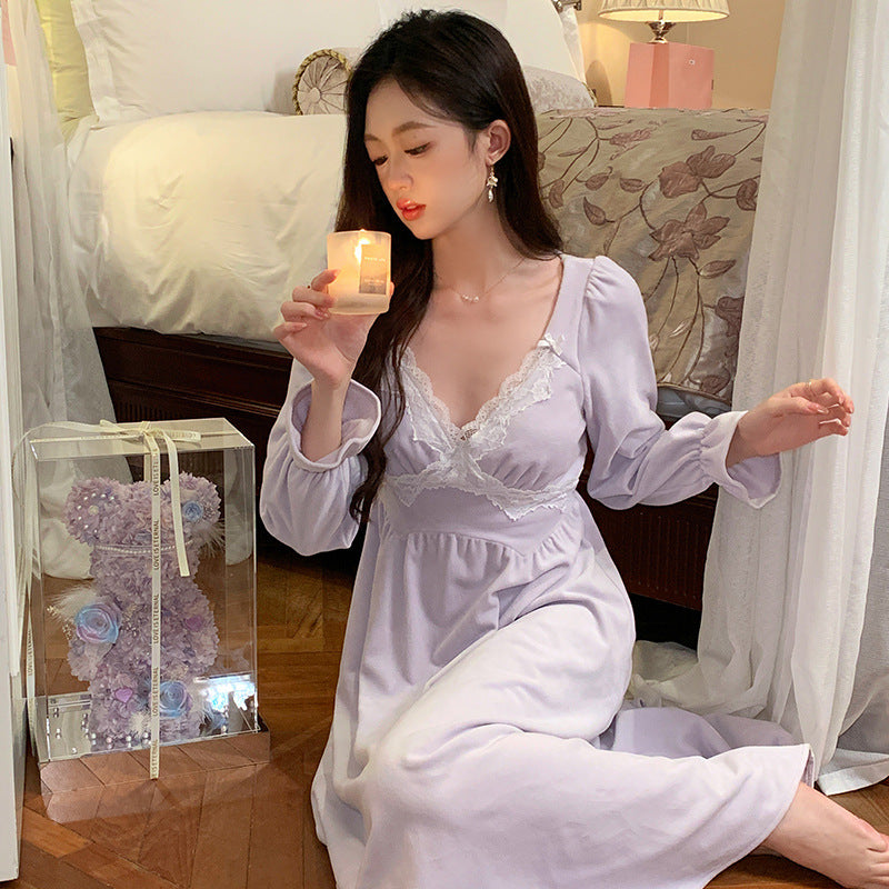 Women's Autumn Long-sleeved Bathrobe Fleece-lined Thickened Nightdress